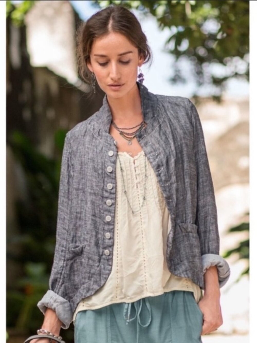 CP Shades Dree Pebbled Linen Jacket Striped Gray White Blazer Pockets Button Up